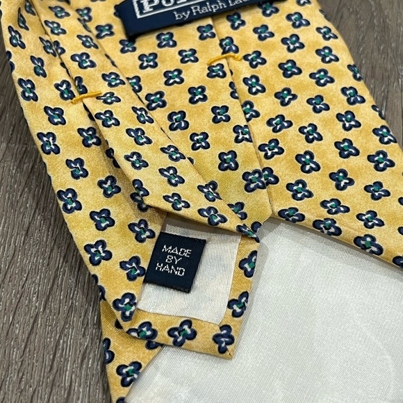 Polo Ralph Lauren Toe Made by Hand Yellow Geometric Navy Accent Designer Tie - Picture 8 of 12